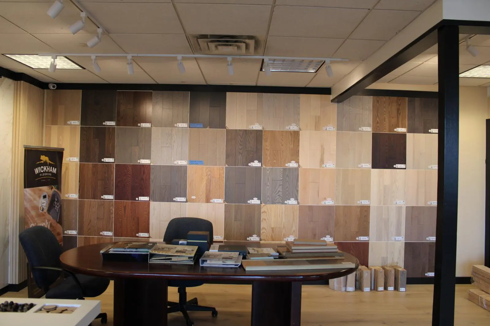 JR Hardwood Supplies showroom in Falmouth MA with hardwood floor samples on display