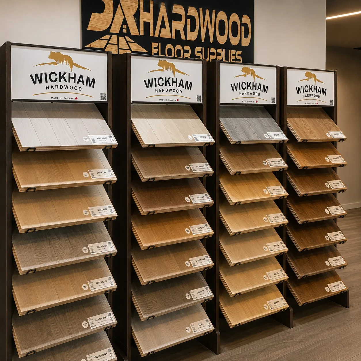 Wickham Hardwood solid flooring display at JR Hardwood Supplies in Falmouth MA showing white oak, grey and amber stain colors